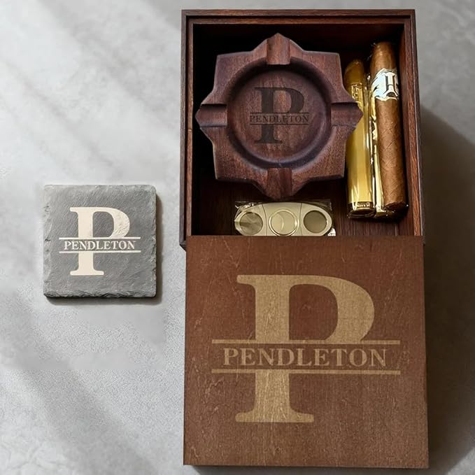 Personalized Name Walnut Cigar Ash Tray Set for Men Custom Wooden Cigar Ashtray Monogramed Men Father's Day Ashtray Gifts for Husband Fathers Groomsmen Papa Grandpa (Retro Tray Set)