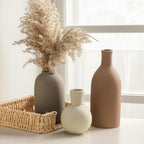 Textured Ceramic Vase Set of 3, Neutral Modern Farmhouse Decor for Pampas Grass Dried Flowers, Neutral Brown & Gray Pottery Vases for Living Room, Mantel, Shelf, Bedroom, Bathroom
