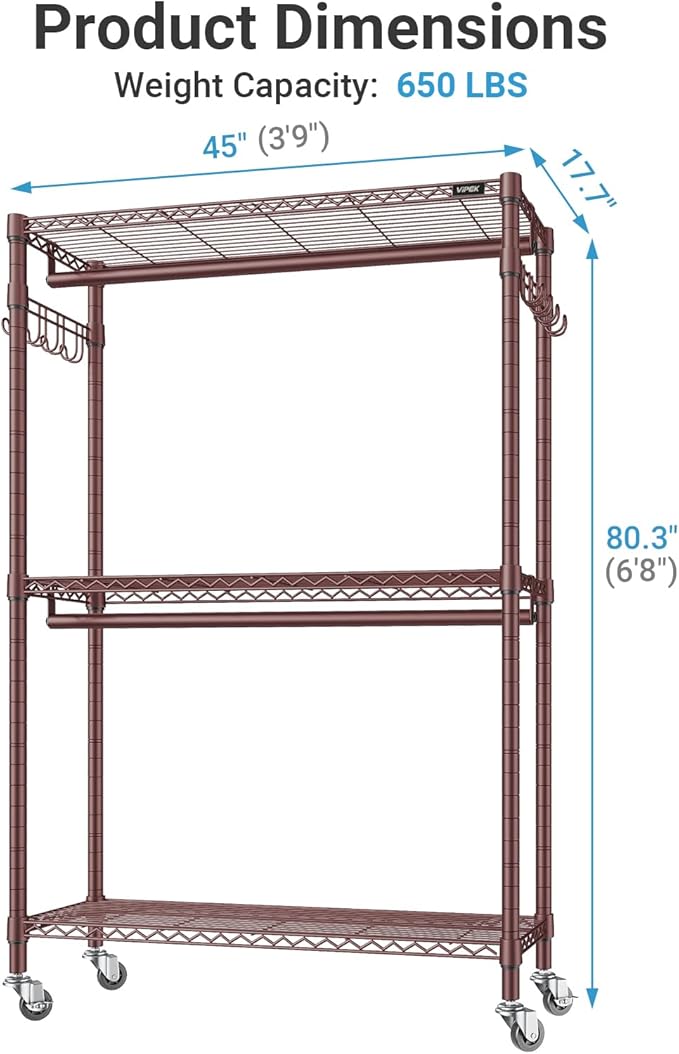 VIPEK R2 Plus Rolling Clothes Rack for Hanging Clothes Heavy Duty Clothing Rack 3 Tiers Adjustable Metal Wire Shelving Garment Racks with Side Hooks, Closet Organizers and Storage Wardrobe, Bronze