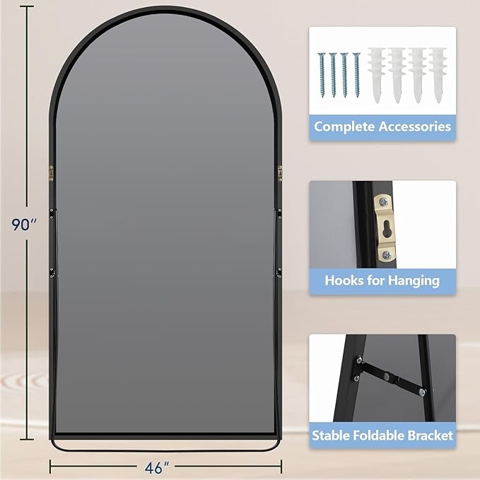 Prywot Full Length Mirror, Oversized 90"x46" Arched-Top Floor Mirror, Free Standing Mirrors, Modern Full Body Mirrors with Aluminum Alloy Frame for Bedroom,Living Room, Black