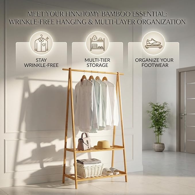 Finnhomy Bamboo Clothes Rack Portable Extra Large Garment Rack 2-Tire Storage Box Shelves For Entryway and Bed Room Patented Design