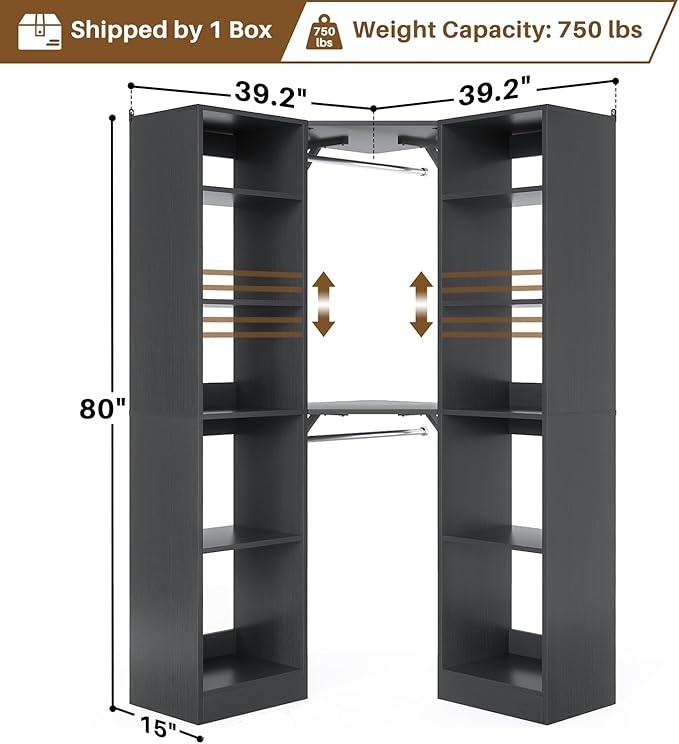 Corner Closet System with 12 Shelves, 39.2" Corner Closet Organizer System with 2 Hanging Rods, Versatile 6-Tier Walk-in Closets for Corner Space, Black (39.2" L x 39.2" W x 80" H)