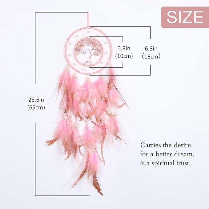 Pretty Jolly Pink Tree of Life Dream Catcher Wall Decor with Luminous Beads Handmade Crystal Stones Dreamcatchers Wall Hanging with Small Butterfly Pendant for Bedroom Wedding Party Wish Gift