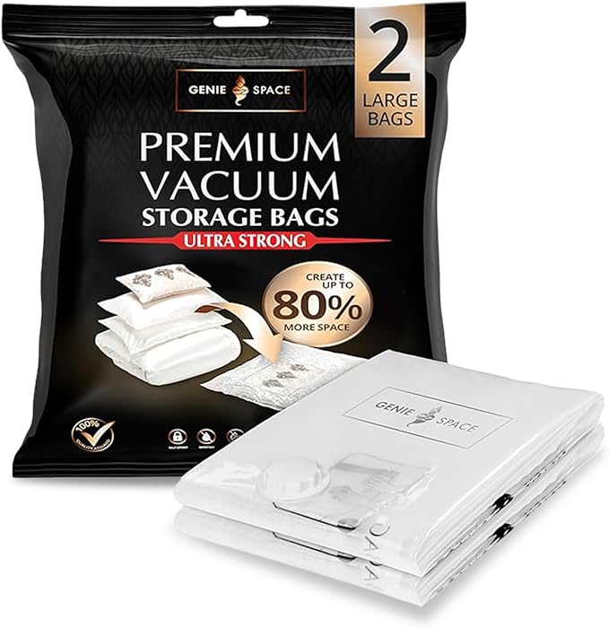 GENIE SPACE Premium Vacuum Storage Bags for Clothes, Bedding and Travel, Large Size 30x24 Inches, Airtight, Odor-Proof and Reusable Space Saver Bags with Double Zipper Seal, 2-Pack
