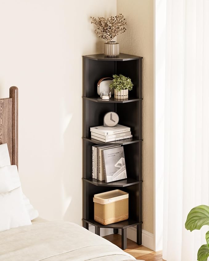 Corner Shelf, 5 Tier Corner Bookshelf, Display Corner Shelf Stand with Storage Rack, Wall Corner Bookshelf for Living Room, Bedroom, Office, Black
