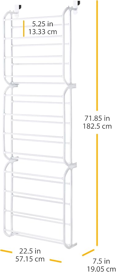 Whitmor 36 Pair Over The Door Shoe Organizer, 12 Tier Hanging Shoe Organizer, Heavy Duty Metal Shoe Holder, Hanging Shoe Rack for Closet Organizer & Storage, 72" L x 22.5" W x 7.5" H, White