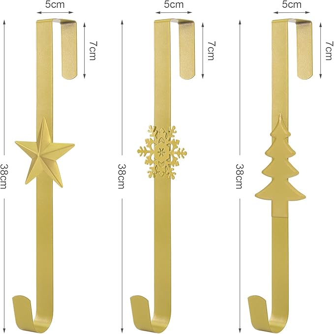 Wreath Hangers for Front Door,15" Sturdy Metal Wreath Doors Hangers,Over The Door Hooks for Front Porch Decor,Garland Hooks Holders for Halloween Christmas Decorations (Gold Snowflakes, 2 Pack)