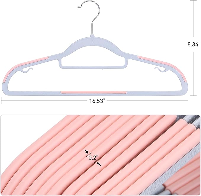 Pack of 30 Coat Hangers, Space-Saving Plastic Clothes Hangers, Non-Slip, 0.2 Inches Slim, 360° Swivel Silver Hook for Shirts, Pants, Suit & Wet/Dry Garments, Pink and Dark Gray