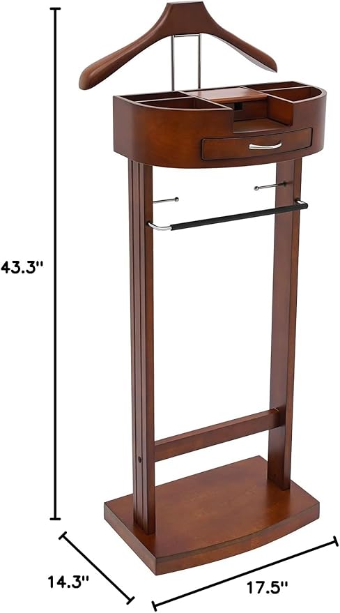 Suit Valet Stands with Drawer & Trouser Holder - Freestanding Wood Suit Rack for Clothes, Hats, Bags | Birch & Iron Bronze, 22 lbs Capacity, Space Saving (Brown)