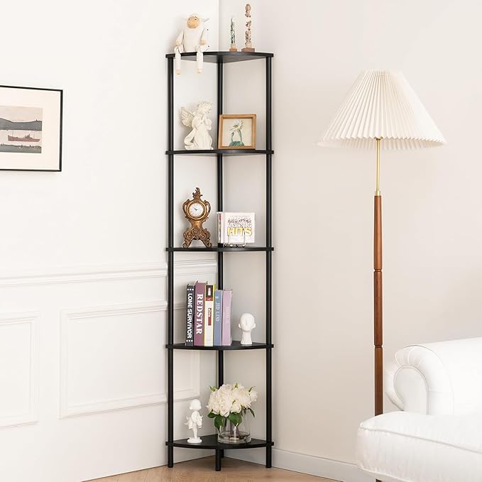 Yoobure Corner Shelf Stand, 5-Tier Bookshelf, 65" Tall Shelves for Bedroom, Living Room, Narrow Display Bookcase, Black with Display Shelves for Office