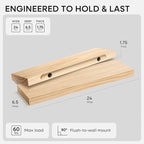 Homeforia 24 inch Natural Floating Shelf, High End Solid Real Wood 24inch Small Floating Shelves for Wall Mounted, Natural Wooden Floating Shelves, Heavy Duty Bracket, 24 X 6.5 X 1.75 in, Set of 4