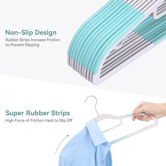 Pack of 30 Coat Hangers, Space-Saving Plastic Clothes Hangers, Non-Slip, 0.2 Inches Slim, 360° Swivel Silver Hook for Shirts, Pants, Suit & Wet/Dry Garments, Blue and White