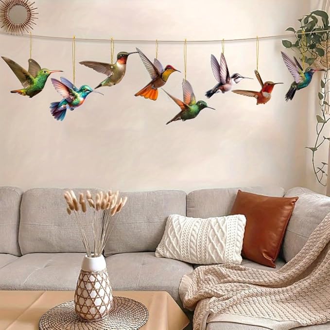 Bird Acrylic Hanging Ornament - 8Pcs Flying Birds Christmas Tree Ornaments, Xmas Tree Ceiling Pendants with Lanyard Tote Rearview Mirror Window Charms Gift for Men Women (Hummingbird 2)