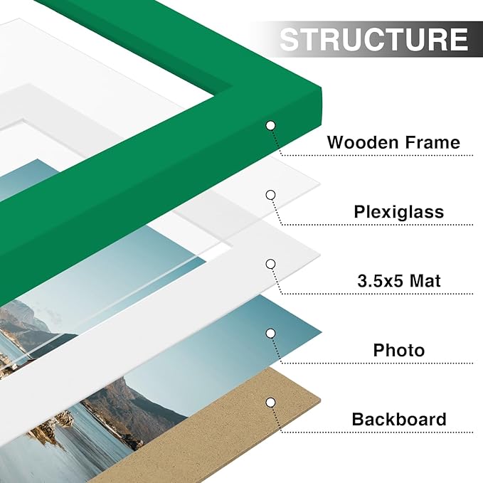 Vittanly 4x6 Picture Frames Set of 9, Shatter Resistant Plexiglass, Display 3.5x5 Pictures with Mat or 4x6 without Mat, Photo Frames for Wall or Tabletop, Engineered Wood, Green