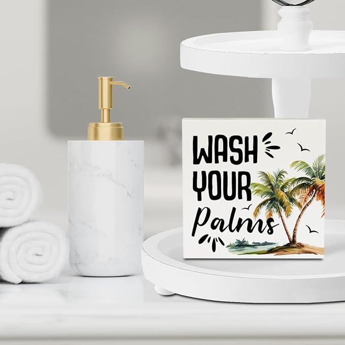 Tropical Bathroom Decor Tropical Decor Wash Your Palms Summer Decorations Wooden Box Sign for Home Office Farmhouse Table Shelf