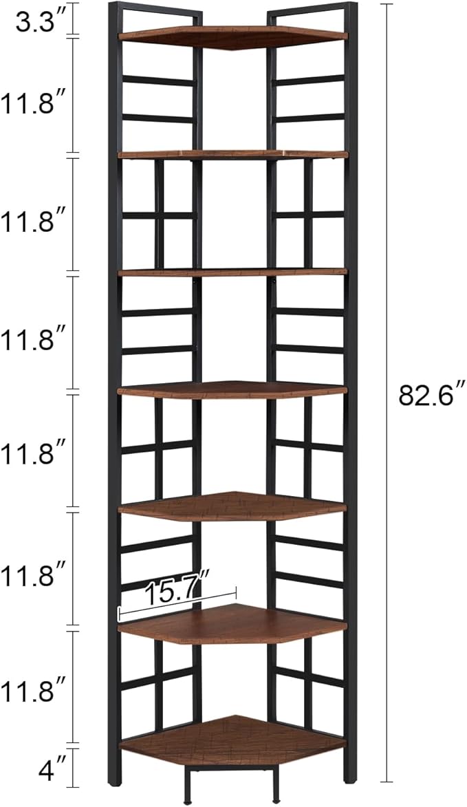 HOMISSUE Corner Shelf, 7 Tier Tall Narrow Bookshelf 82.6", Industrial Corner Bookcase with Storage for Home Office Living Room and Bedroom, Brown