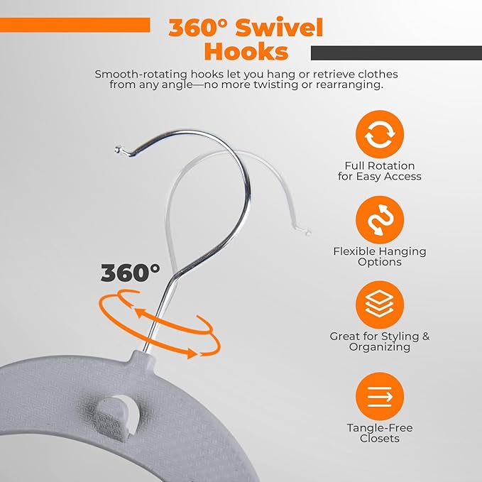 Plastic Hangers 10 Pack, Cascading Slim Space Saving Clothing Hangers with 360° Rotating Hook, Non Slip Clothes Hangers for Sweater Shirt, Heavy Duty Coat Hanger with Inner Hook for Closet, Grey
