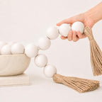OMISHE 50" Long Extra Large Wood Bead Garland with 1.6" Diameter Wooden Beads and Tassels, Rustic Farmhouse Country Decorative Beads for Home Tiered Tray Decor, White