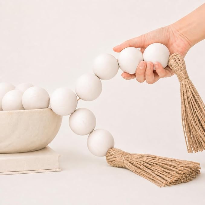 OMISHE Extra Large Wood Bead Garland White with 1.6" Diameter Wooden Beads and Tassels, 41" Long Rustic Farmhouse Country Decorative Beads for Home Tiered Tray Decor, White