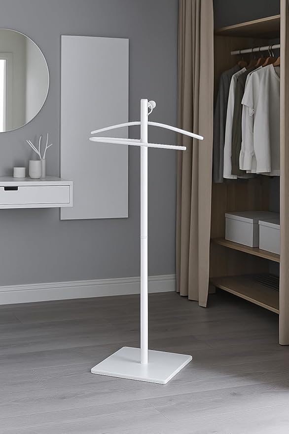 Proman Products VL17242 Kumo Freestanding Metal Valet Stand Organizer with Removable Hanger, Trouser Bar, White, 11.5" W x 11.5" D x 41" H