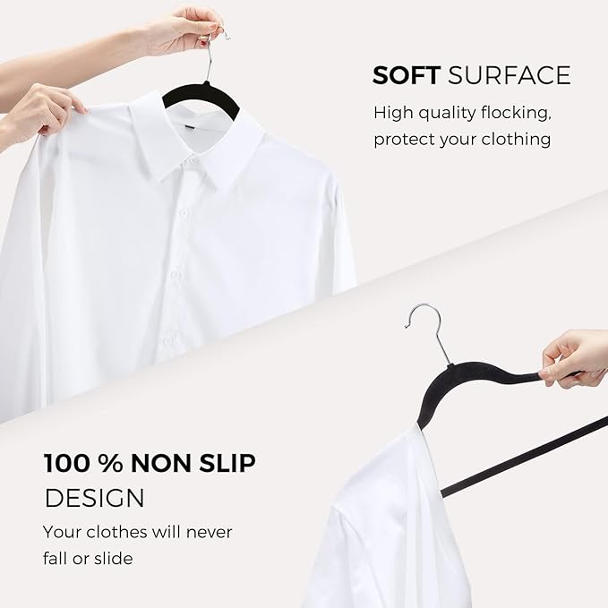 HOUSE DAY Premium Velvet Hangers 50 Pack Black, Non-Slip Flocked Felt Hangers, Sturdy Clothes Hangers with 360° Rotatable Hook, Heavy Duty Coat Hanger, Durable Slim Hanger for Closet Space Saving