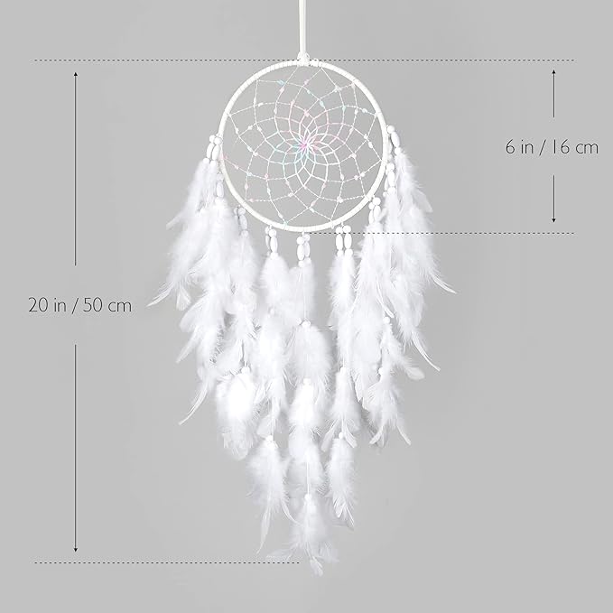 Dremisland White Feathers Dream Catcher Wall Hanging Elegant Wall Art Room Decoration for Windows Balcony Bedroom Wedding Party Gift for Girls and Kids (No Lights)