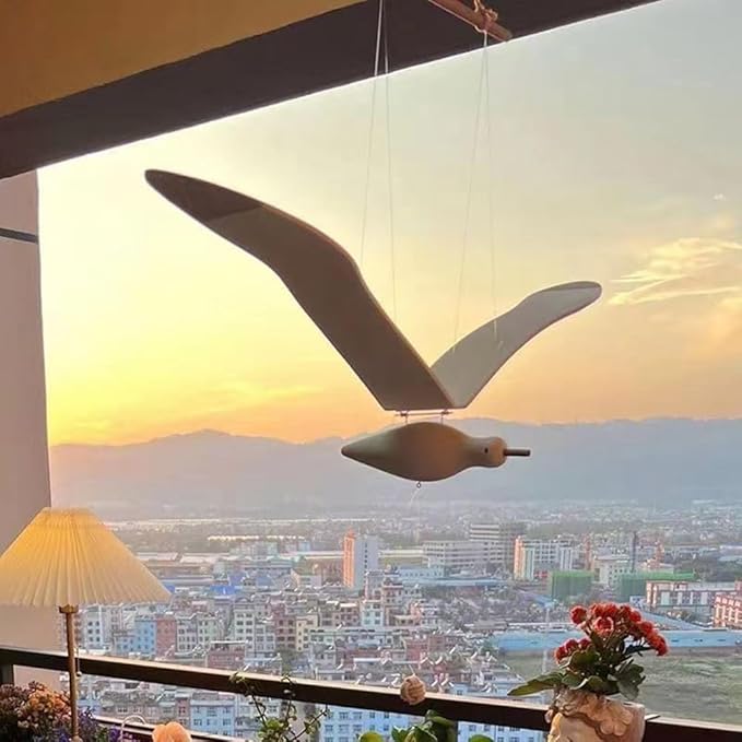 Soaring Seagulls Hanging Mobile Wing Wood Flying Seagull Decor Ceiling Pendant Home Nautical Wall Decoration Easy to Use White