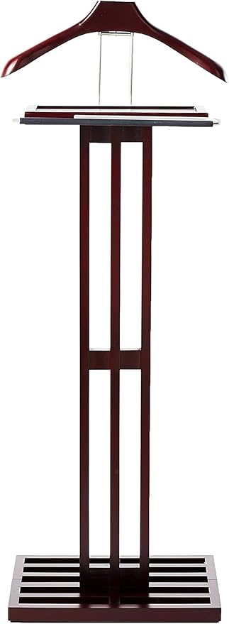 Proman Products Kyoto Suit Valet Stand VL36220 with Large Top Tray, Contour Hanger, Trouser Bar, Tie & Belt Hooks, 17” W x 12.5”D x 45”H, Mahogany