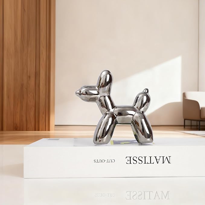 Notakia Silver Balloon Dog Ceramic Statue, Handmade Small Modern Animal Figurine, Cute Desktop Decoration for Living Room, Home Decor Accent