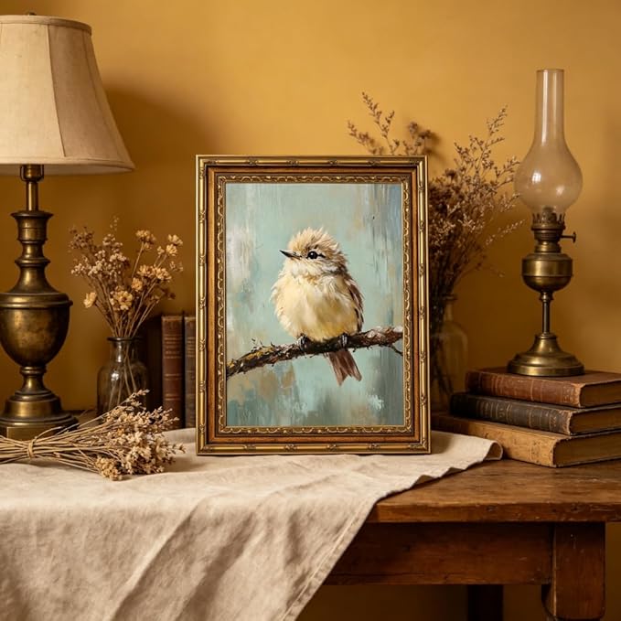 Gold Framed Bird Canvas Wall Art Vintage Bird Beige Sparrow painting Decor Pictures Sparrow on Branch Bedroom Living Posters Prints for Corridor Classroom Bedroom Kitchen Room Decoration