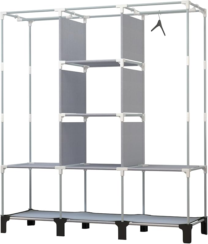 Portable Wardrobe with 10 Storage Racks and 2 Hanging Poles 6 Side Pockets Fleece Cover, Size 130 x 45 x 172 cm, Bedroom Closet Organizer (Coffee)