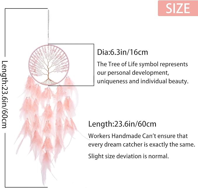 Pretty Jolly Pure Pink Tree of Life Dream Catcher Wall Decor with Healing Crystal Stone Handmade Feather Dream Catchers Decoration Wall Hanging Bedroom Living Room Wedding Party Home Decor-25.6"