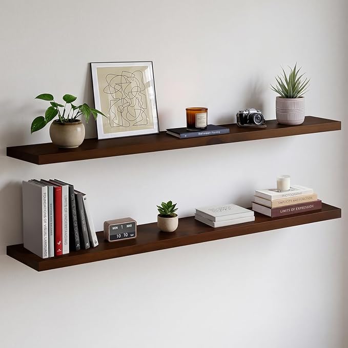 Homeforia Walnut 60 inch Floating Shelf, High End Solid Real Wood 60inch Long Floating Shelf for Wall, Dark Brown Wooden 60in Large Floating Shelves, Heavy Duty Bracket, 60 X 6.5 X 1.75 inch, Set of 3