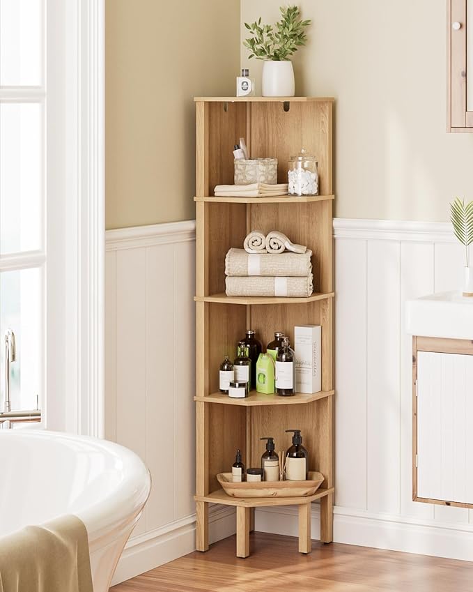 Corner Shelf, 5 Tier Corner Bookshelf, Display Corner Shelf Stand with Storage Rack, Wall Corner Bookshelf for Living Room, Bedroom, Office, Oak
