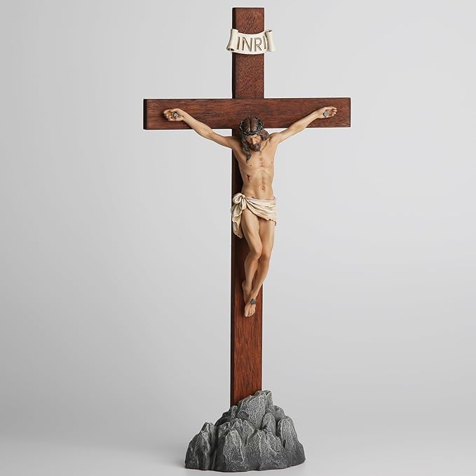 Crucifix Standing - Hand Painted Wooden Cross Table Decor, Standing Jesus Cross Catholic Home Decor Religious Gifts 15 Inch