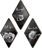 ZINYAZHE 3 Pcs Black White Rose Bathroom Wall Decor Black And White Decor Flower Wooden Inspirational Wall Art with Accept Let Go Have Faith Grey Sign for Living Room Bedroom(White Rose 12 x 7")