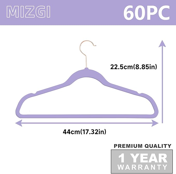 MIZGI Premium Velvet Hangers (60 Pack) Heavy Duty - Non Slip Felt Hangers - Velvet Suit Hanger Light Purple - Rose Gold Hooks,Space Saving Clothes Hanger