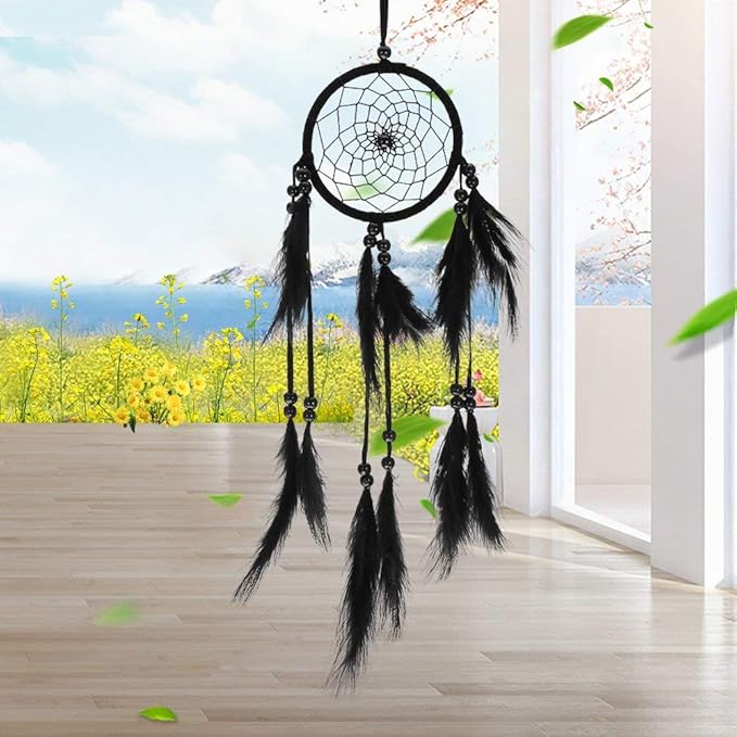 Native Indian Dream Catcher, Colorful/White/Black Dream Catcher with Feathers and Bead for Car Kids Bedroom Wall Hanging Decoration Ornament (Black)