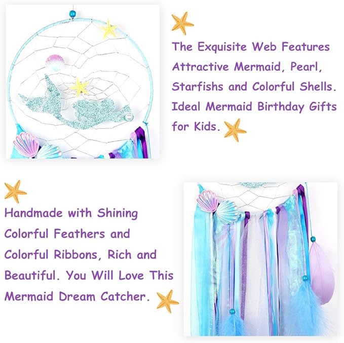 OurWarm Mermaid Dream Catcher for Girls Room Wall Decor, Big Handmade Blue Dreamcatcher with Colorful Feathers for Kids Bedroom Hanging Decor, Under The Sea Mermaid Birthday Baby Shower Party Supplies