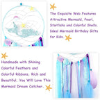 OurWarm Mermaid Dream Catcher for Girls Room Wall Decor, Big Handmade Blue Dreamcatcher with Colorful Feathers for Kids Bedroom Hanging Decor, Under The Sea Mermaid Birthday Baby Shower Party Supplies