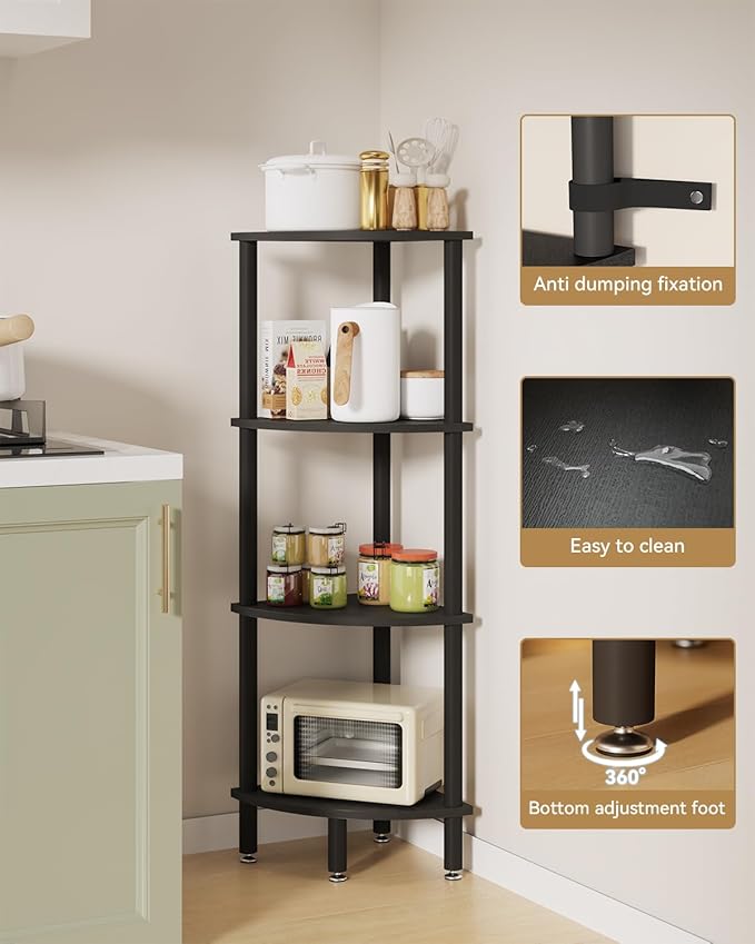 IBUYKE 4 Tier Corner Shelf Stand,Industrial Corner Display Rack,Corner Bookshelf for Living Room, Bedroom, Kitchen, Home Office, Black WBC014B