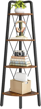 HOOBRO Corner Shelf, 4-Tier Corner Shelf Stand, 53.5" Tall Ladder Bookshelf, Industrial Corner Display Shelf Plant Stand for Living Room, Kitchen, Home Office, Rustic Brown BF144CJ01