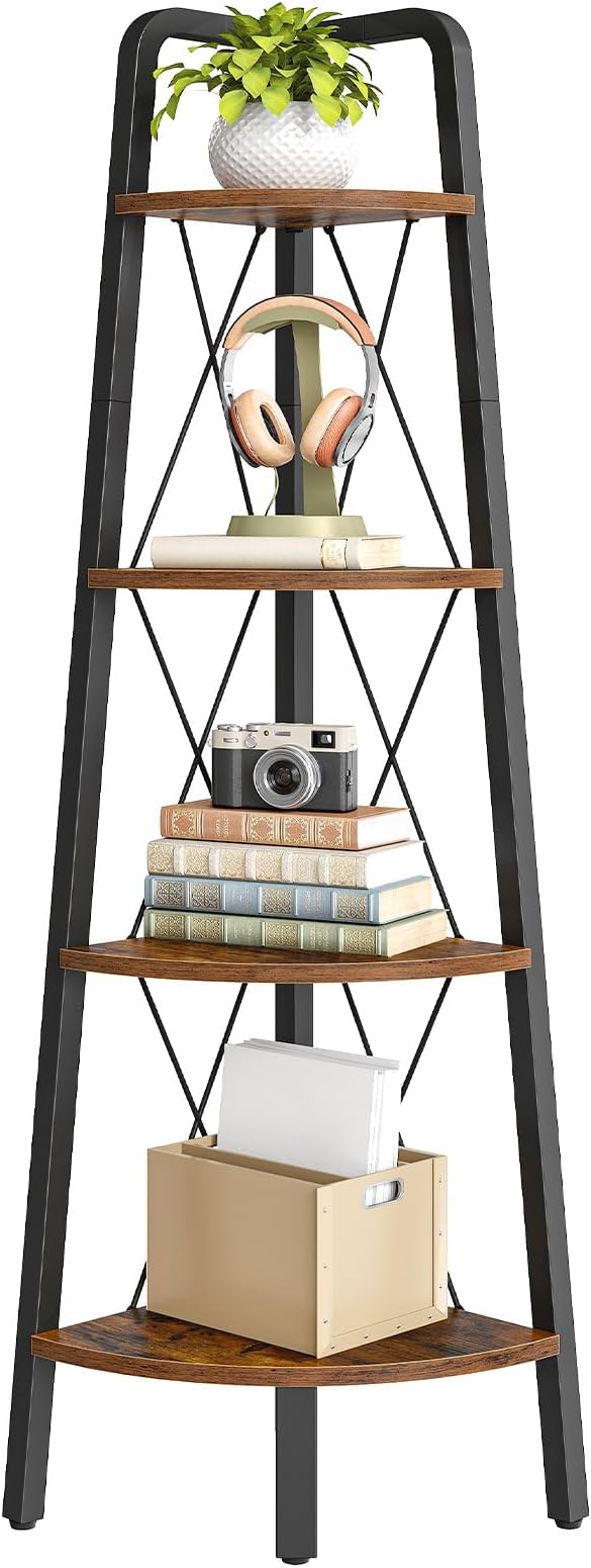 HOOBRO Corner Shelf, 4-Tier Corner Shelf Stand, 53.5" Tall Ladder Bookshelf, Industrial Corner Display Shelf Plant Stand for Living Room, Kitchen, Home Office, Rustic Brown BF144CJ01
