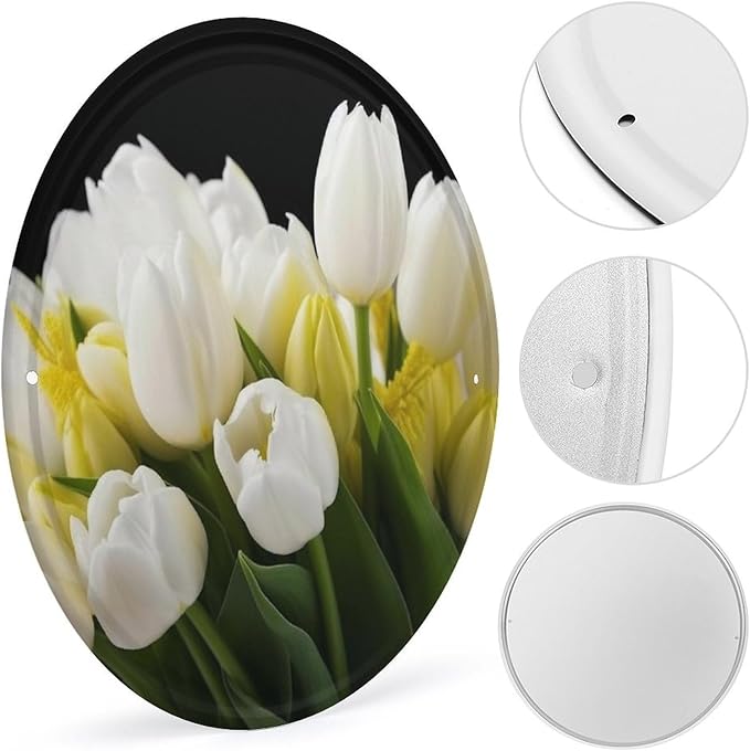 Wall Picture, with Different Flowers Printed Circular Iron Hanging Picture,Wall Art Decor,Home for Bedroom Living Room Bathroom Decor,Iron Painting 11.8X11.8 in
