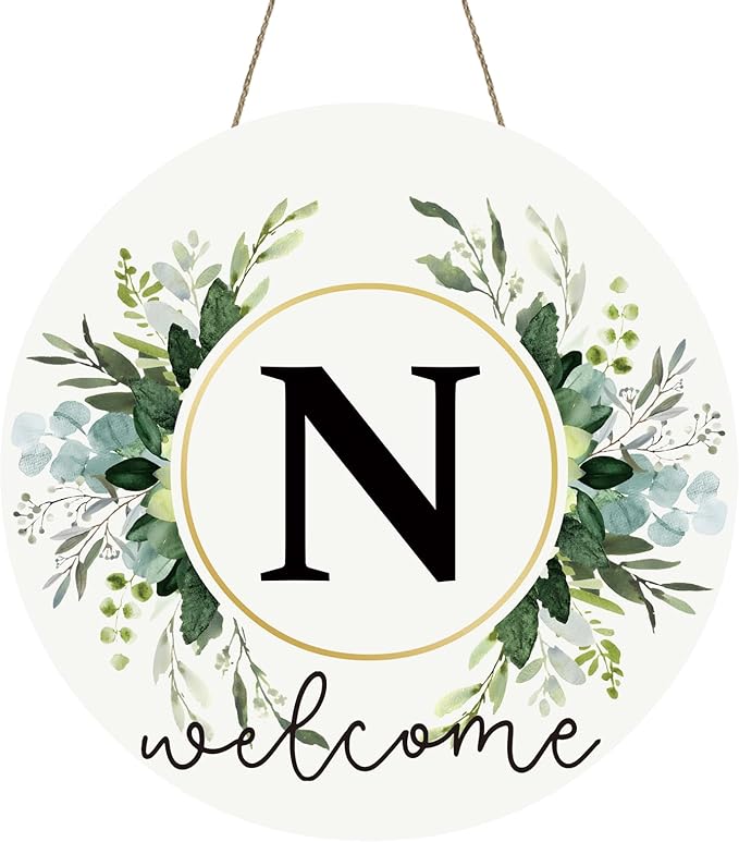 Monogram Letter N Wreaths for Front Door Wreath Wooden Welcome Sign for Front Door Decor Floral Family Last Name Initial House Warming Spring Summer Porch Rustic Wall Home Kitchen Boho Decorations