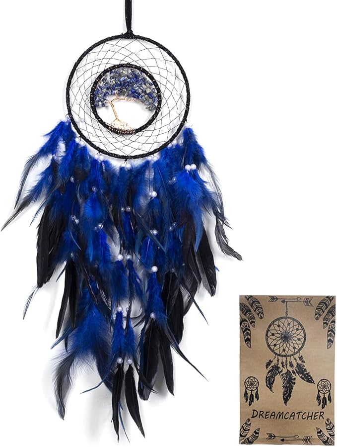Dream Catcher, Handmade Dreamcatcher with Healing Crystal Stone, Tree of Life Dream Catchers Hanging Ornament for Home Bedroom Birthday Party, Perfect Craft Gift for Kids… (Blue)