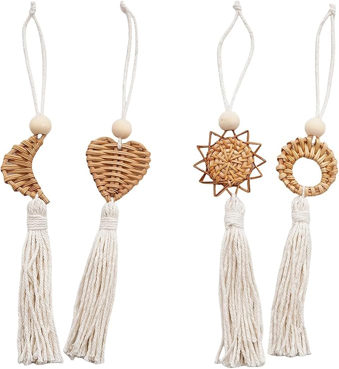 Set of 4 Handwoven Wall Hanging Natural Fiber Pendants Decors with Cotton Tassels for Living Room Aesthetic Ornaments Cotton Rope Tassels Hanging Charm