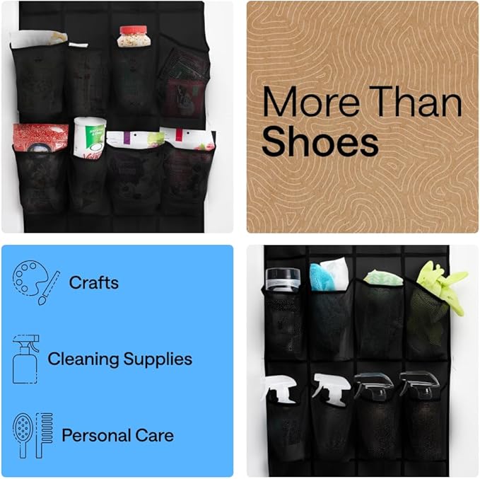 GORILLA GRIP Over the Door Shoe Organizer, 35 Large Breathable Mesh Pockets, Space Saving Hanging Storage Holder, 5 Hook Closet Rack Hanger, Hangs on Closets for Shoes, Accessories 68.5H x 24.5W Black