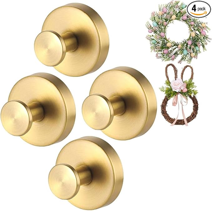 Gold Wreath-Hanger, Strong Stainless Steel Suction-Cup-Wreath-Hooks, 4 Pack Wreath-Door-Hanger Fall Halloween Christmas Decorations, Welcome Sign for Front Door Indoor Outdoor (4 Gold, 4)