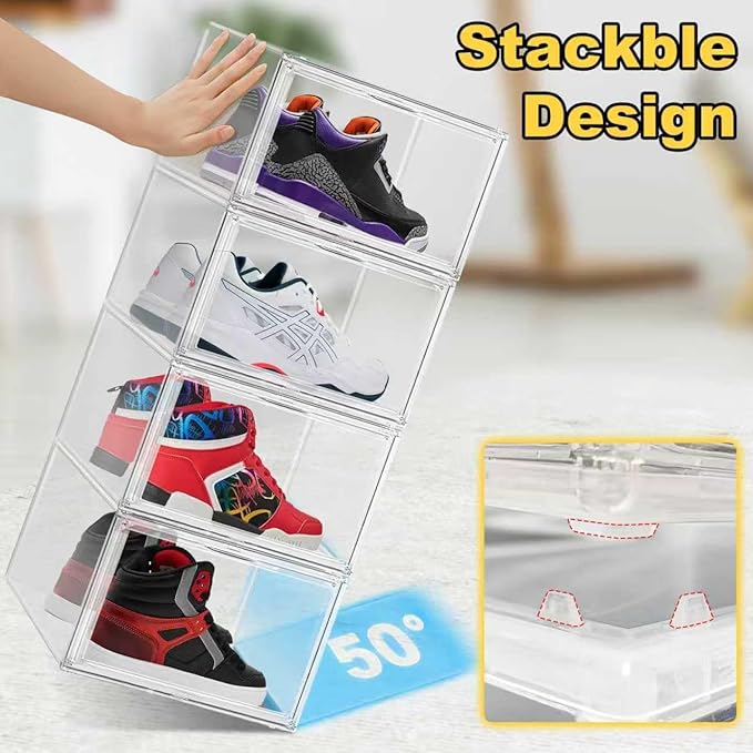 Clear Shoe Boxes Plastic Stackable ‌Shoe Cabinet‌ with Acrylic Magnetic Lids Drop Side Sneaker Display Case for Closet, Entryway, Fits Men's Shoes up to Size 12.5 (14.17''x10.62''x8.07'')